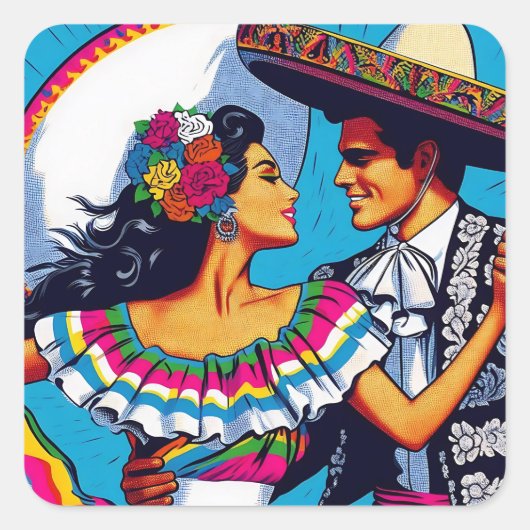 Retro Mexicaanse Dans Folklórische Fiesta Vierkante Sticker (Voorkant)