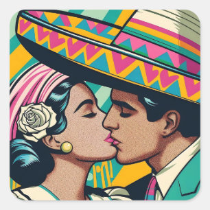 Retro Mexican Kiss Feestelijke Fiesta Sombrero Vierkante Sticker