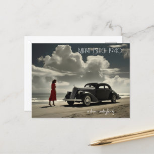 Retro Miami Beach 1940's roadster op het strand Briefkaart