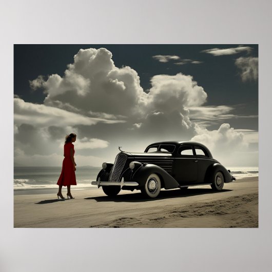 Retro Miami Beach 1940's roadster op het strand Poster (Voorkant)