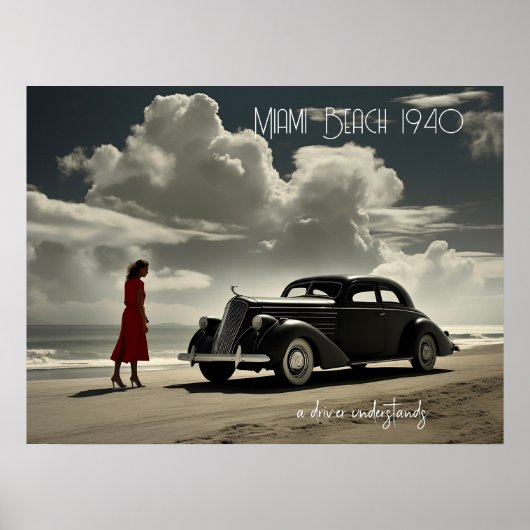 Retro Miami Beach 1940's roadster op het strand Poster (Voorkant)