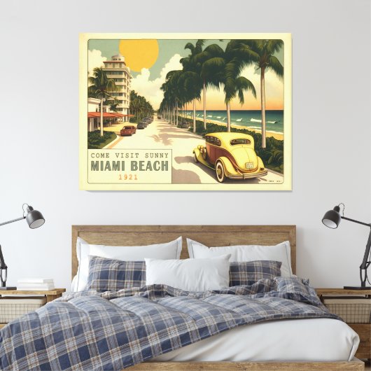 Retro Miami Briefkaart van 1920strand Ocean Drive Canvas Afdruk (Insitu (Slaapkamer))