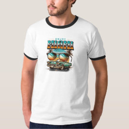 Retro Miami vibes met klassieke auto en zonsonderg T-shirt
