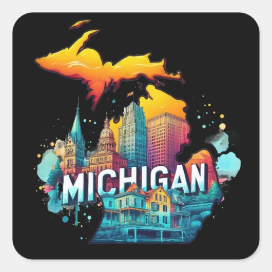 Retro Michigan State Kaart Vierkante Sticker (Voorkant)
