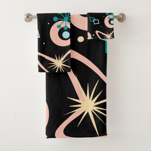 Retro Mid Century Abstract Pattern Teal And Coral Bad Handdoek (Insitu)