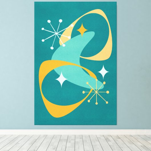 Retro Mid Century Atomic Space Age 20 Blauwgroen, Canvas Afdruk (Insitu (Houten vloer))