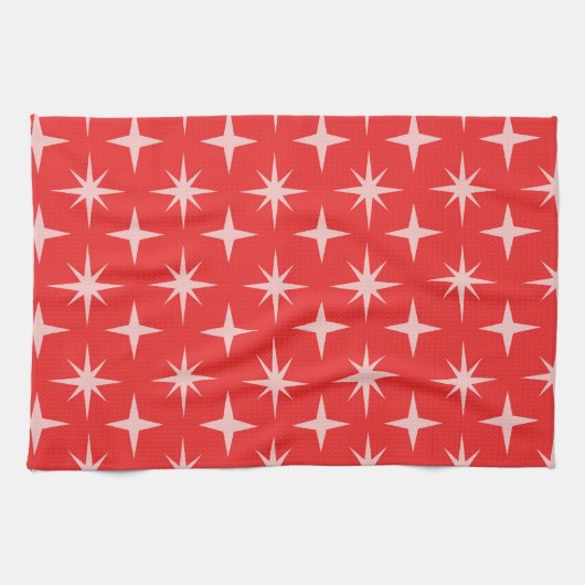 Retro Mid Century Atomic Stars Patroon op rood Theedoek (Horizontaal)