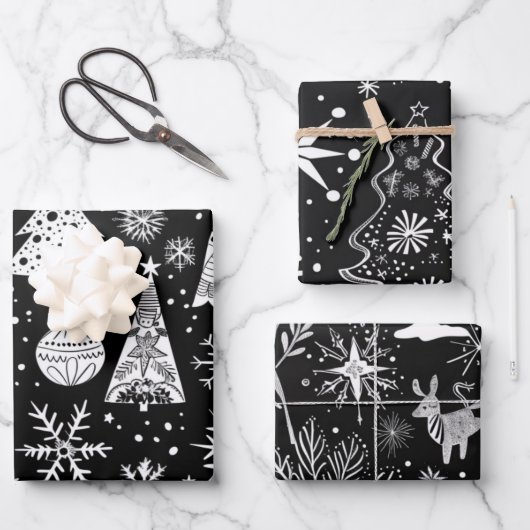 Retro Mid-Century Black & White Ornament Pattern Inpakpapier Vel (Voorkant)