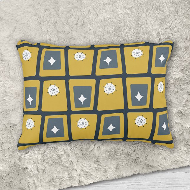 Retro Mid Century Funky Blokken 2 Navy, Mosterd Accent Kussen (Creator heeft geüpload)