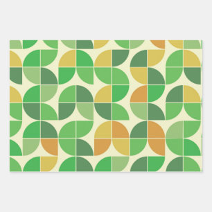 Retro Mid Century Geometric Floral Green Inpakpapier Vel
