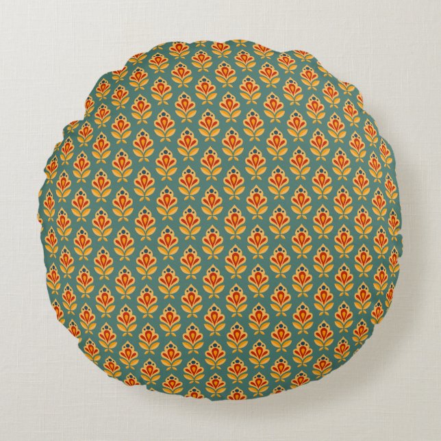 Retro Mid-Century Geometrische Print 1970s Patroon Rond Kussen (Voorkant)