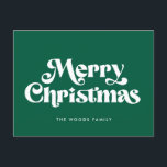 Retro Mid Century Green Vrolijk Kerstfeest Feestdagenkaart<br><div class="desc">Merry Christmas Briefkaart: een klassiek retro design,  met een moderne typografie uit het midden van de eeuw en een klassieke groene achtergrond.</div>