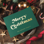 Retro Mid Century Green Vrolijk Kerstfeest Folie Feestdagenkaart<br><div class="desc">Vrolijk kerstkaartje: een retro design,  met een mid-eeuwse typografie in gouden folie en een klassieke groene achtergrond.</div>