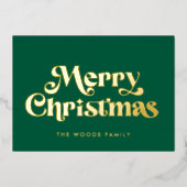 Retro Mid Century Green Vrolijk Kerstfeest Folie Feestdagenkaart (Voorkant)