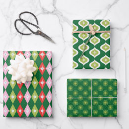 Retro Mid Century Groene & Rode Kerstmis Inpakpapier Vel