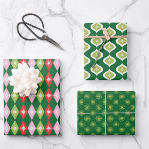 Retro Mid Century Groene & Rode Kerstmis Inpakpapier Vel