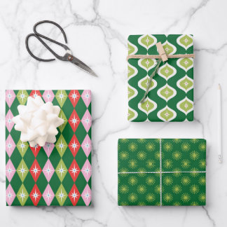 Retro Mid Century Groene & Rode Kerstmis Inpakpapier Vel
