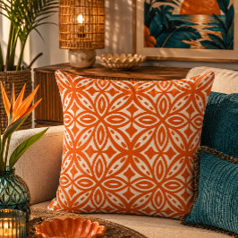 Retro Mid Century Hawaïaans Tapa-patroon Oranje Kussen