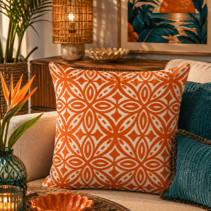 Retro Mid Century Hawaïaans Tapa-patroon Oranje Kussen