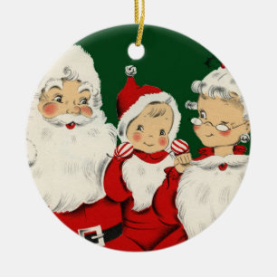 Retro Mid-Century Kerstman Familie – Kitsch Claus Keramisch Ornament