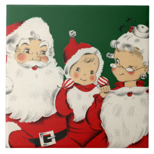 Retro Mid-Century Kerstman Familie – Kitsch Claus Tegeltje
