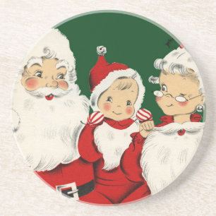 Retro Mid-Century Kerstman Familie – Kitsch Claus Zandsteen Onderzetter