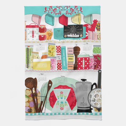 Retro Mid Century Keuken 2026 Kalender Theedoek (Verticaal)