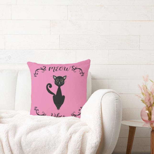 Retro Mid-Century Meow Vibes Black en Pink Cat Kussen (Bank)