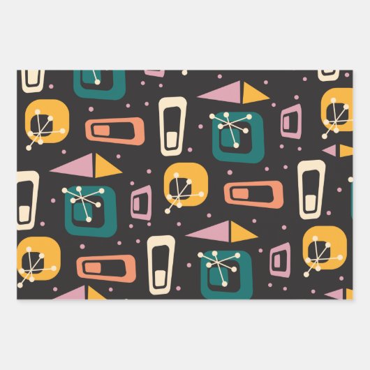 Retro Mid Century Mod Atomic Space Age Black Inpakpapier Vel (Voorkant)