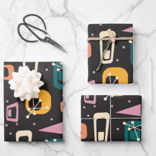 Retro Mid Century Mod Atomic Space Age Black Inpakpapier Vel