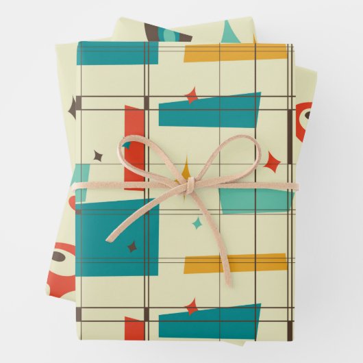 Retro Mid Century Mod Atomic Space Age Blauwgroen Inpakpapier Vel (In situ)