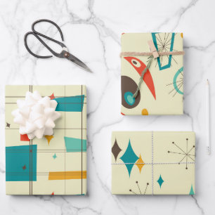 Retro Mid Century Mod Atomic Space Age Blauwgroen  Inpakpapier Vel