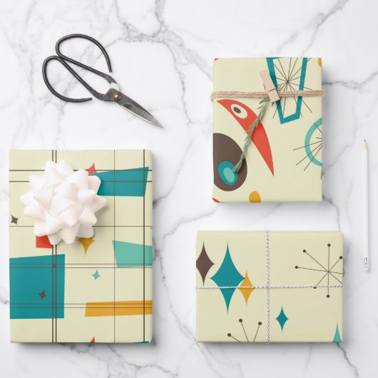 Retro Mid Century Mod Atomic Space Age Blauwgroen Inpakpapier Vel (Voorkant)