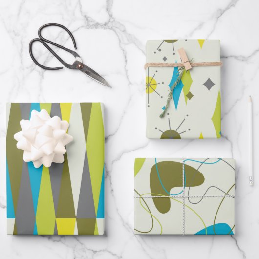 Retro Mid Century Mod Atomic Space Age Blue Inpakpapier Vel (Voorkant)