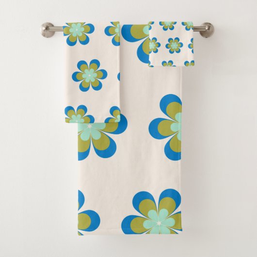 Retro Mid Century Mod Flower Patroon | Blauw groen Bad Handdoek (Insitu)