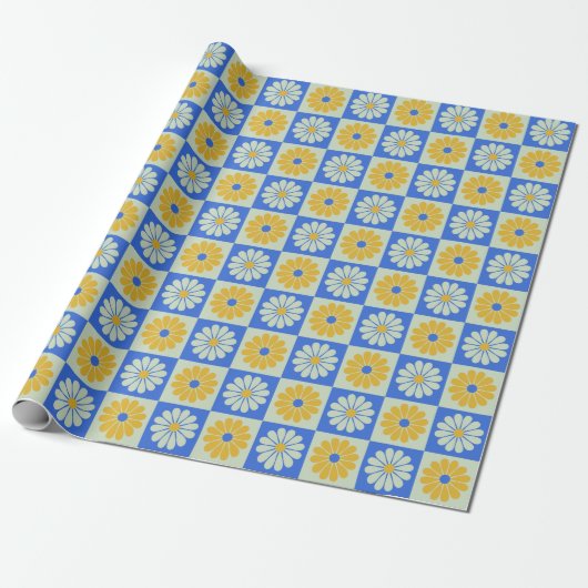 Retro Mid Century Mod Flowers in Blue en Yellow Cadeaupapier (Uitgerold)