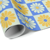 Retro Mid Century Mod Flowers in Blue en Yellow Cadeaupapier (Rol Hoek)