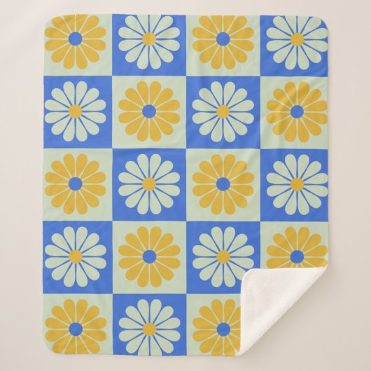Retro Mid Century Mod Flowers in Blue en Yellow Sherpa Deken (Voorkant)