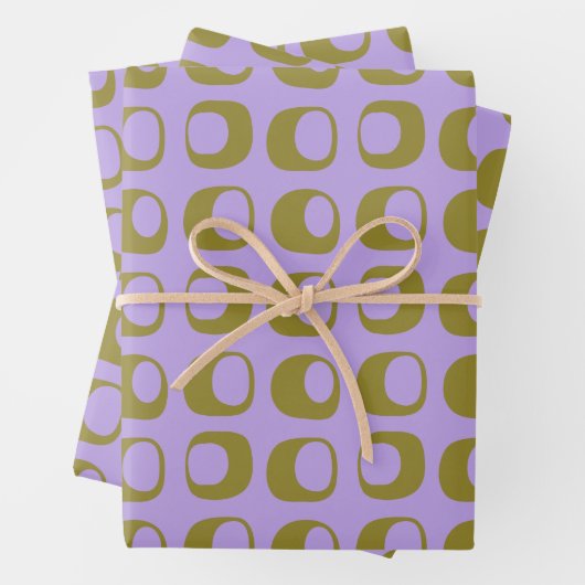 Retro Mid Century Mod Pattern Olive en Lavender Inpakpapier Vel (In situ)
