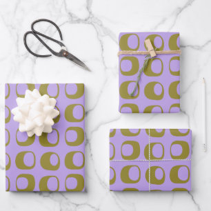 Retro Mid Century Mod Pattern Olive en Lavender Inpakpapier Vel