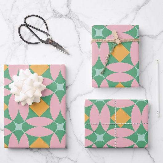 Retro Mid Century Mod Shapes Patroon | Roze groen Inpakpapier Vel (Voorkant)