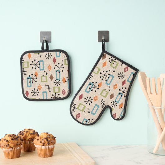 Retro Mid Century Modern Atomic Abstract Pattern Ovenwant & Pannenlap Set (Insitu(Ophanging))