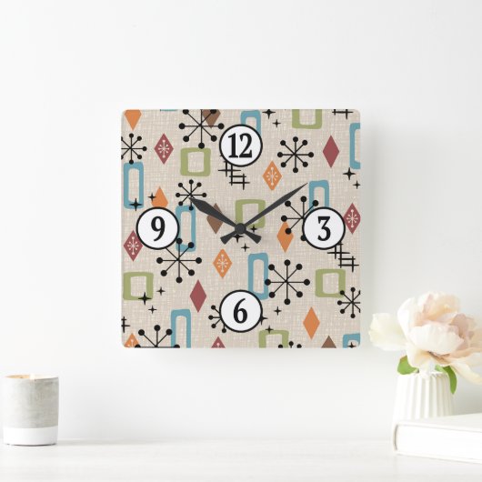 Retro Mid Century Modern Atomic Abstract Pattern Vierkante Klok (Huis)