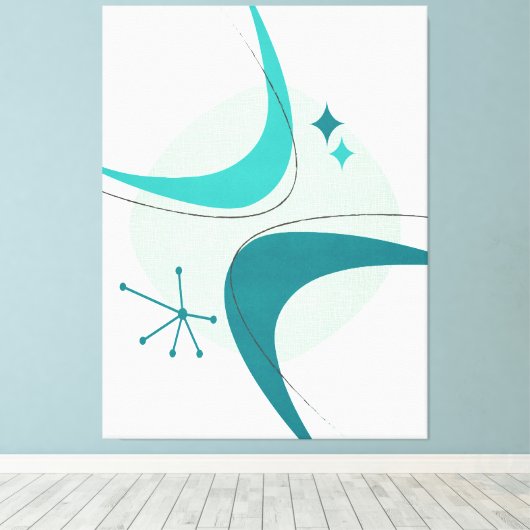 Retro Mid Century Modern Atomic Age 26 Aqua, Blauw Canvas Afdruk (Insitu (Houten vloer))