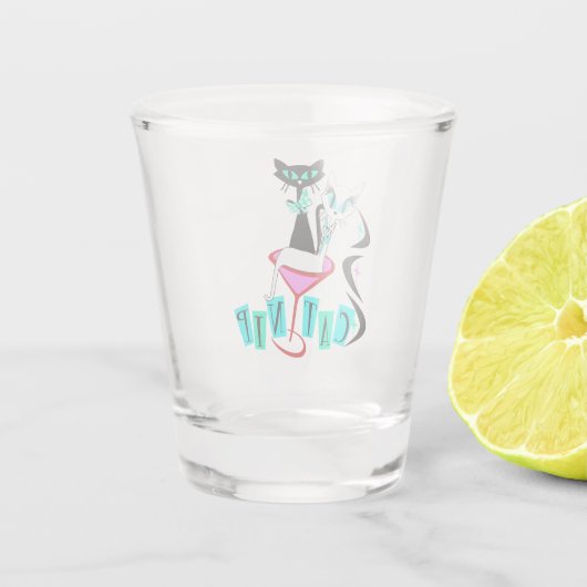 Retro Mid Century Modern Atomic Cat CatNip Shot Glas (Achterkant)