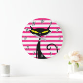 Retro Mid Century Modern Black Cat Pink Stripes Grote Klok (Huis)