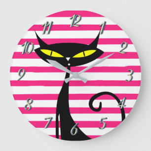 Retro Mid Century Modern Black Cat Pink Stripes Grote Klok