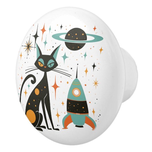 Retro Mid Century Modern Cat Ruimteschip Keramische Knop (Rechts)