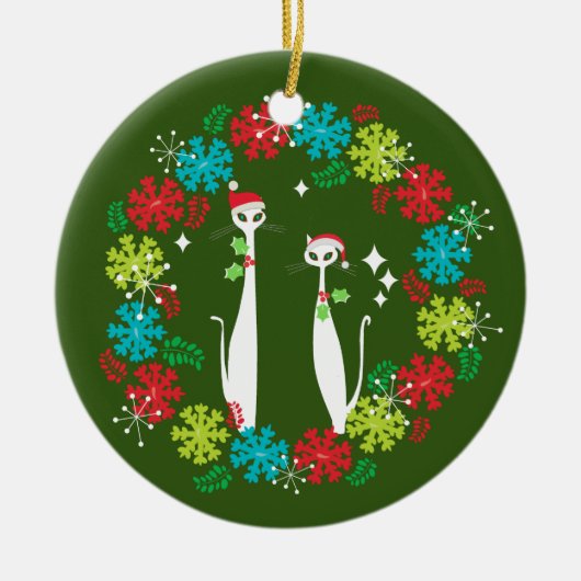 Retro Mid Century Modern Cool Cat Christmas Wreath Keramisch Ornament (Voorkant)