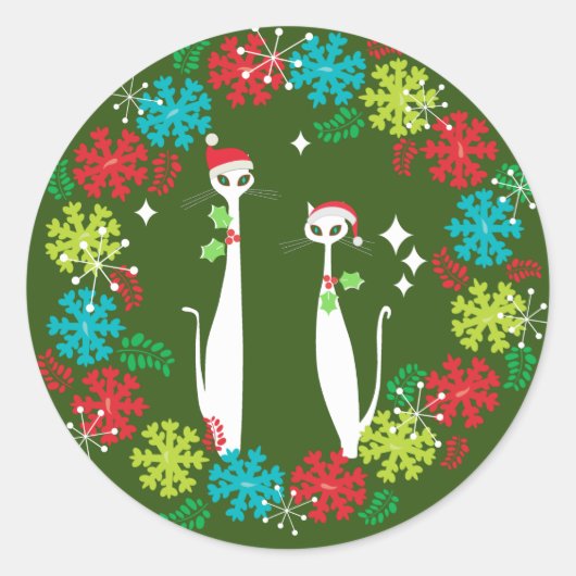 Retro Mid Century Modern Cool Cat Christmas Wreath Ronde Sticker (Voorkant)